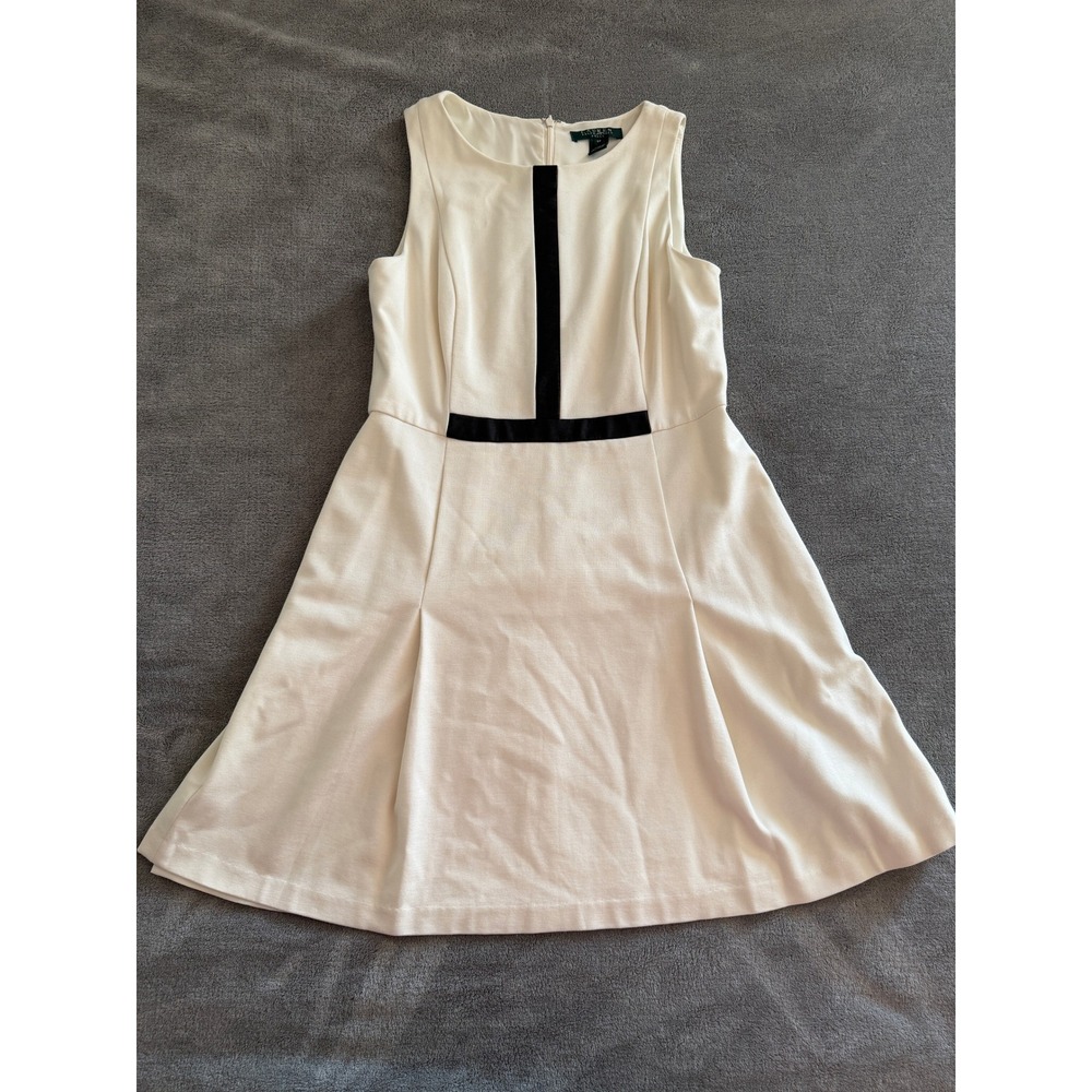 Lauren Ralph Lauren Womens Dress‎ Ivory Black Trim Sleeveless Sheath Size 8P